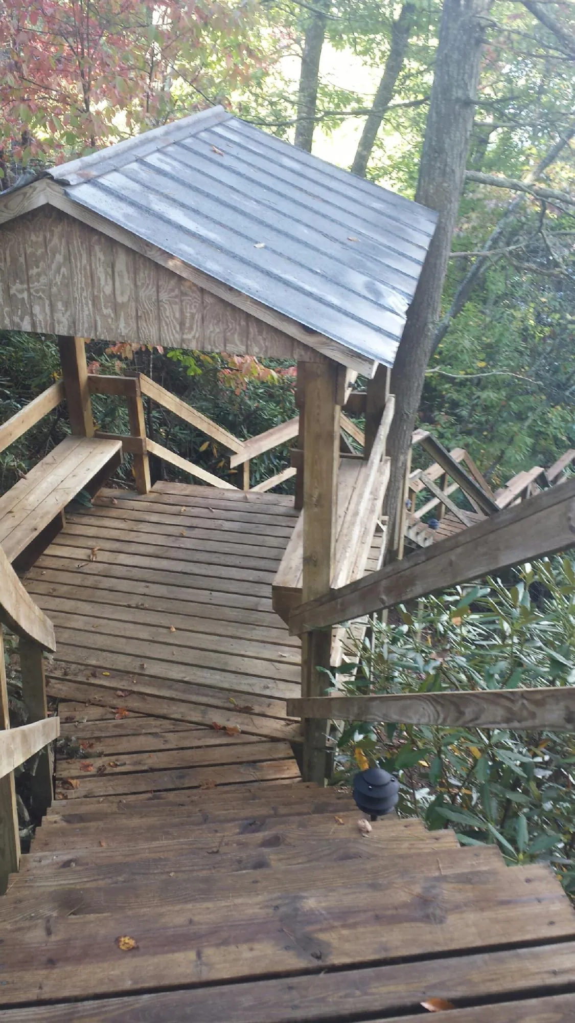 Metal roofed shelter over wooden steps on a wooded walkway — Skylight Repair & Installation work by our crew in Currie